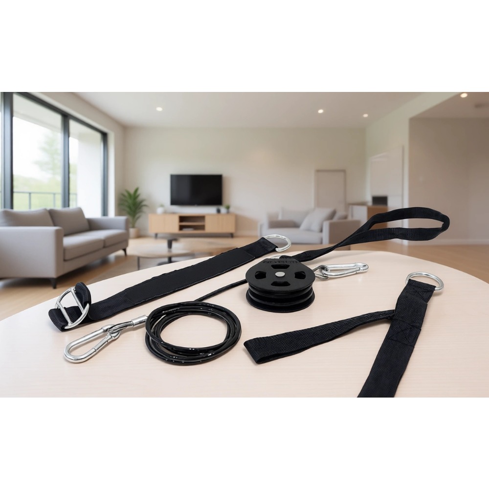 Home Gym Machine - เครื่องดึงข้อศอกแบบพกพาพร้อมเชือกฝึกไตรเซปส์, ราววี-บาร์ และด้ามจับสามเหลี่ยมเสริมสำหรับการฝึกความแข็งแรงที่บ้าน