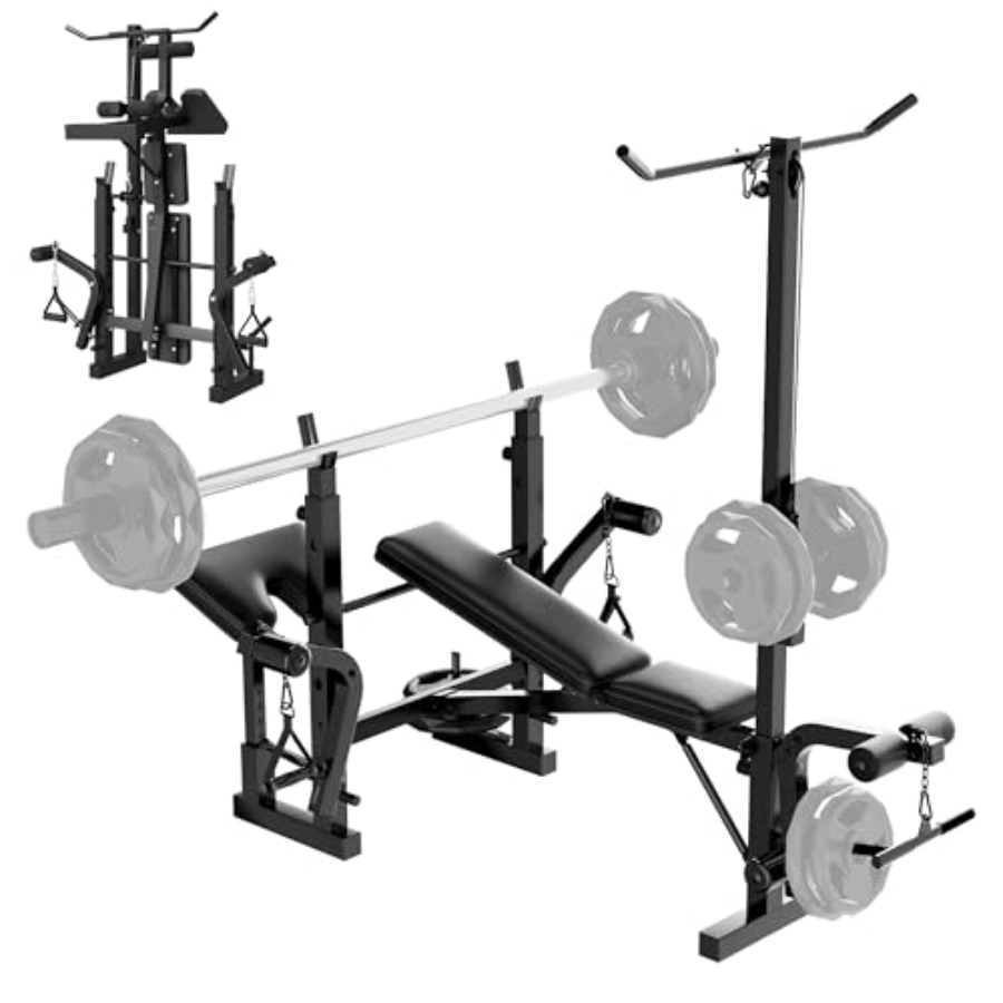 Home Gym Leg Press - ชุดม้านั่งยกน้ำหนักสำหรับยิมที่บ้าน: โครงเหล็กสีดำอเนกประสงค์สำหรับการยกน้ำหนักแบบ Bench Press, Preacher Curl,