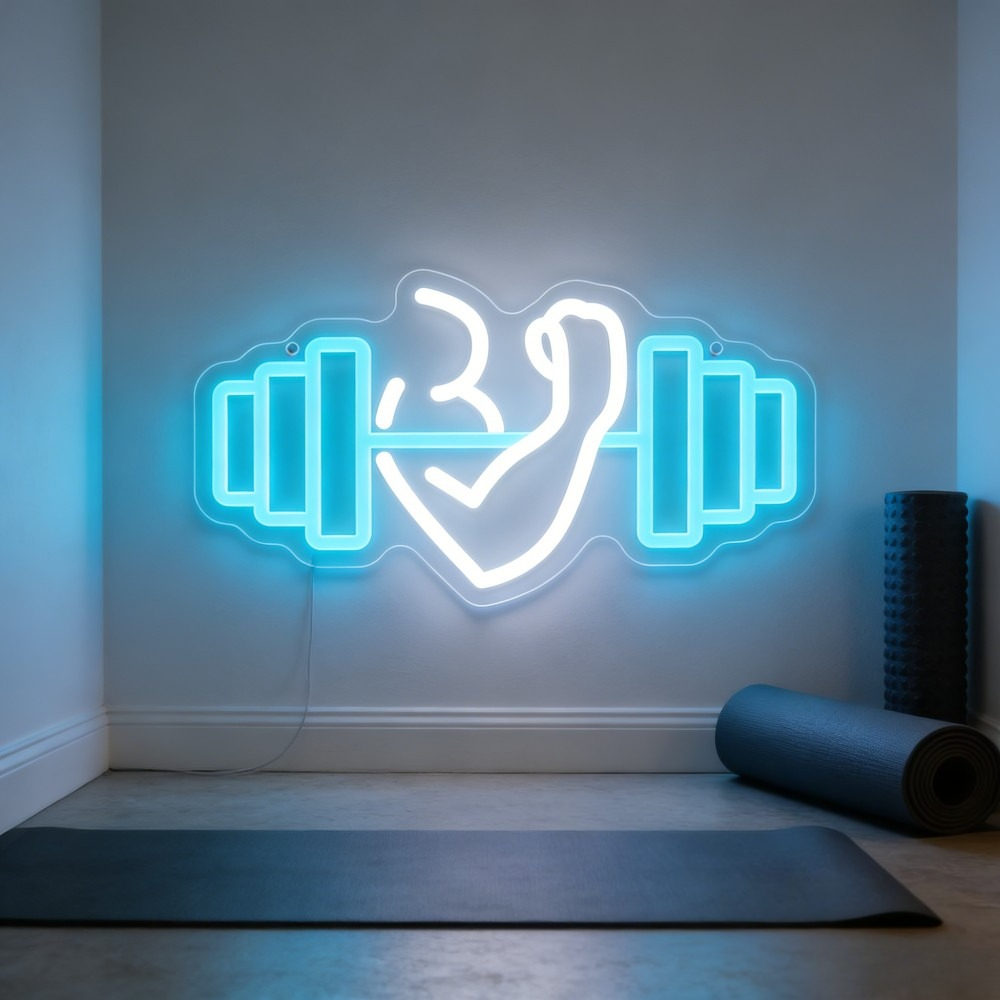 Home Gym Yoga Room - ป้ายไฟนีออนรูปดัมเบลบicep สำหรับตกแต่งผนังบ้าน ยิม โยคะ สตูดิโอ ฟิตเนส