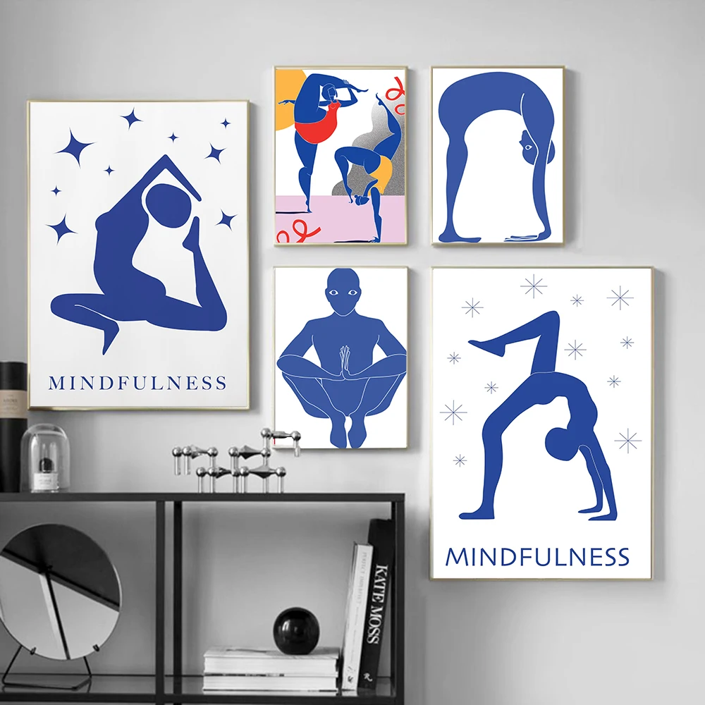 Home Gym Yoga Room - โปสเตอร์ภาพวาดนามธรรมท่าโยคะสำหรับออกกำลังกายที่บ้าน ศิลปะติดผนังแบบมินิมอล ภาพวาดบนผ้าใบสำหรับตกแต่งห้องนั่งเล่นสไตล์โมเดิร์น นอร์ดิก