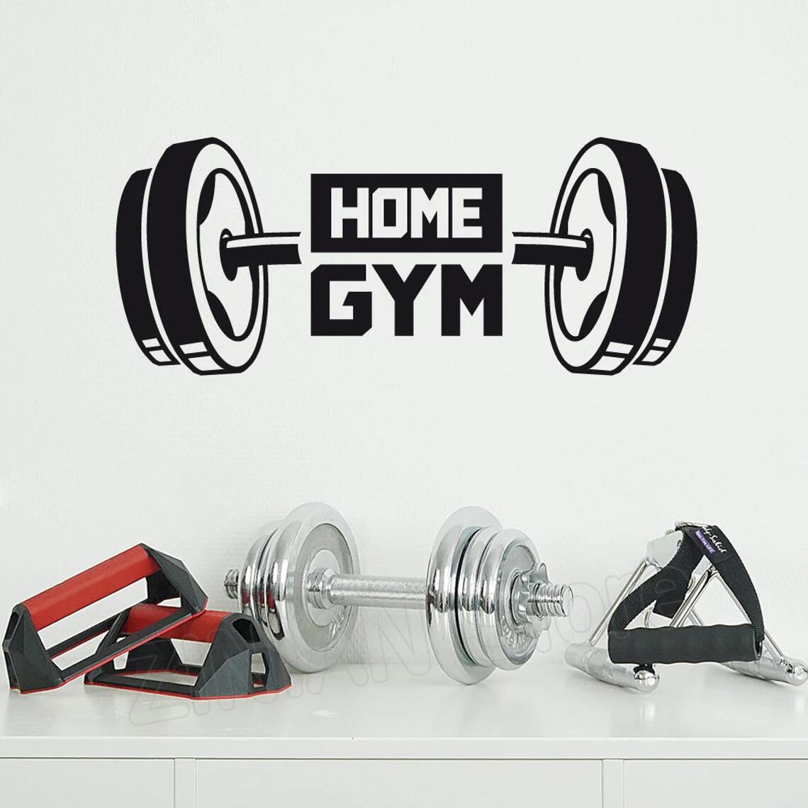 Home Gym In Garage - Fitness Gym หน้าแรกตกแต่งผนังสติกเกอร์ Dumbbell หน้าแรกการฝึกอบรมไวนิลรูปลอกติดผนัง Barbell